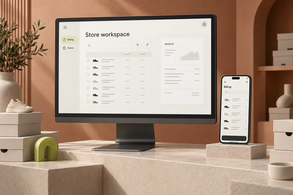 Multi-store Billing: conceptual web and mobile interface on studio devices