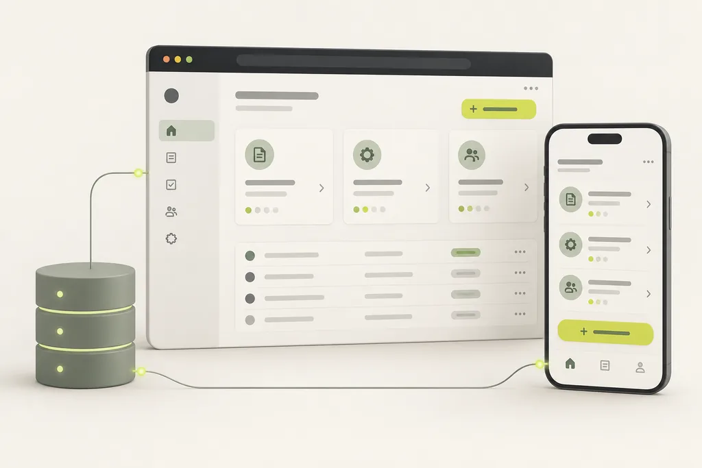 Illustration of a business web application and mobile app connected to a shared database, representing custom software development