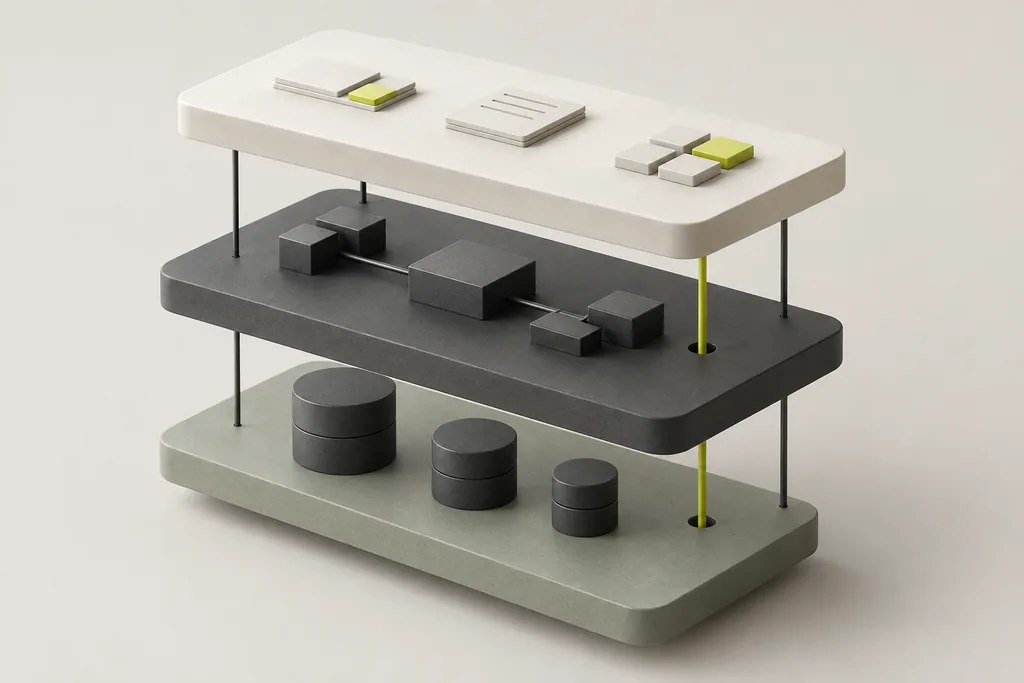 A physical model showing interface, logic, and data as connected architectural layers