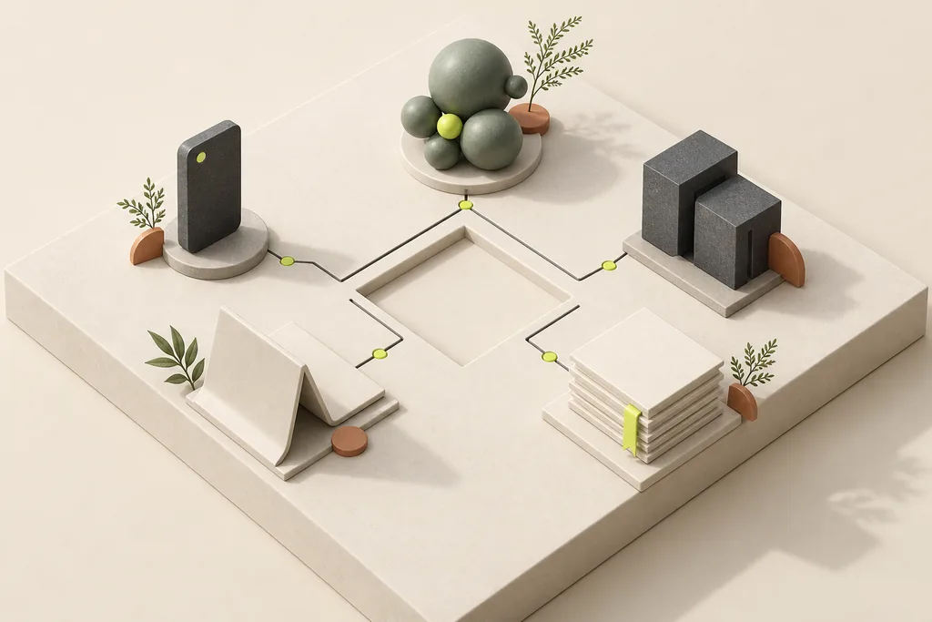 Connected workstations illustrating full-stack and product engineering, mobile, backend, AI, cybersecurity, and research-driven content